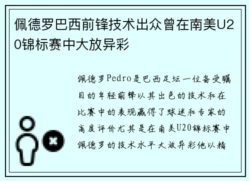 佩德罗巴西前锋技术出众曾在南美U20锦标赛中大放异彩